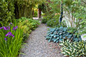 Lush planting frames the path between two garden rooms.